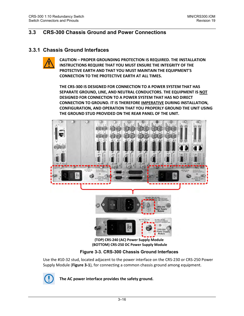3 crs-300 chassis ground and power connections, 1 chassis ground interfaces | Comtech EF Data CRS-300 User Manual | Page 70 / 300