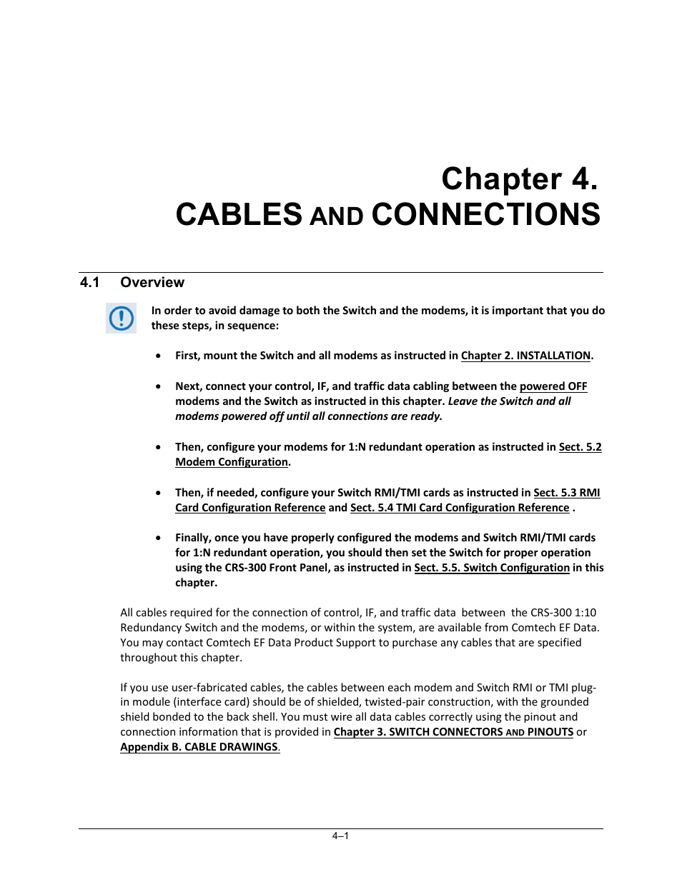 Chapter 4. cables and connections, 1 overview, Chapter 4. cables | Connections | Comtech EF Data CRS-300 User Manual | Page 75 / 300