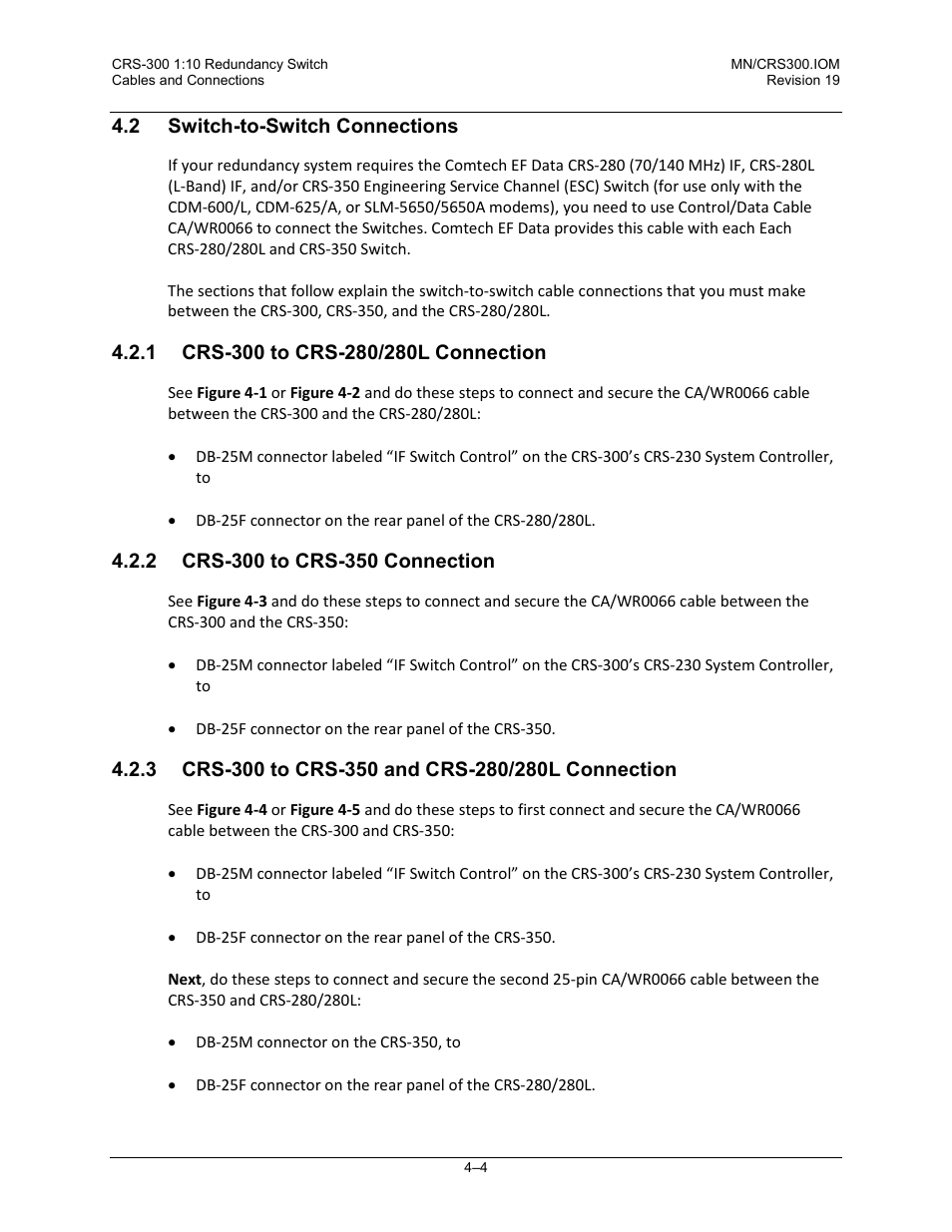 2 switch-to-switch connections, 1 crs-300 to crs-280/280l connection, 2 crs-300 to crs-350 connection | 3 crs-300 to crs-350 and crs-280/280l connection | Comtech EF Data CRS-300 User Manual | Page 78 / 300