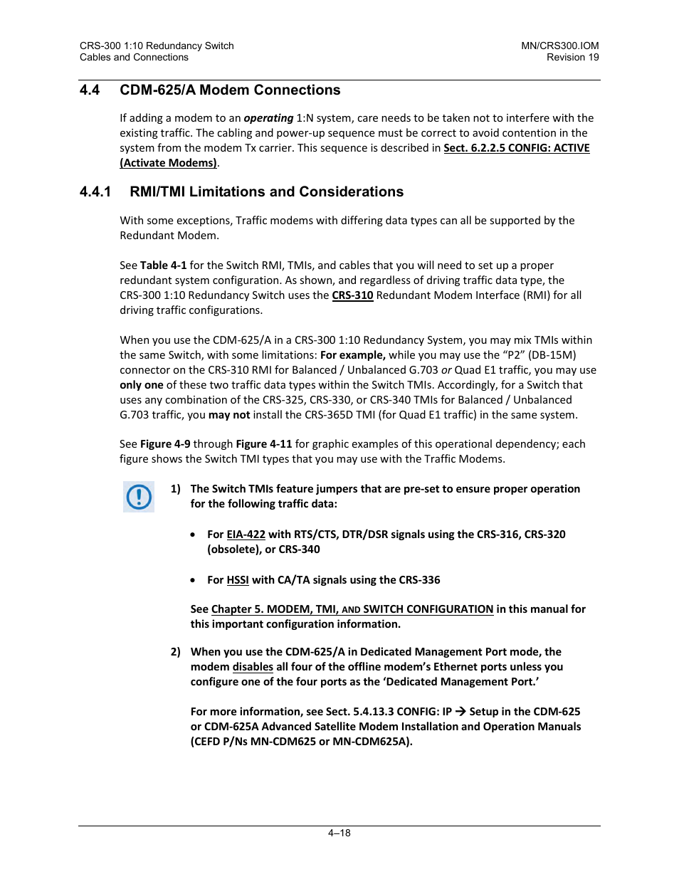 4 cdm-625/a modem connections, 1 rmi/tmi limitations and considerations | Comtech EF Data CRS-300 User Manual | Page 92 / 300