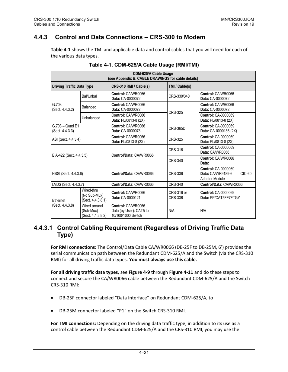 3 control and data connections – crs-300 to modem, Ee table 4-1 | Comtech EF Data CRS-300 User Manual | Page 95 / 300
