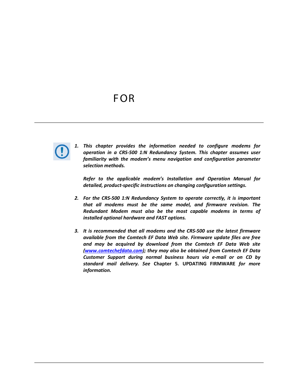 Chapter 6. configuring modems for 1:n redundancy, 1 overview, Chapter 6. configuring modems | N redundancy, F or | Comtech EF Data CRS-500 User Manual | Page 111 / 218