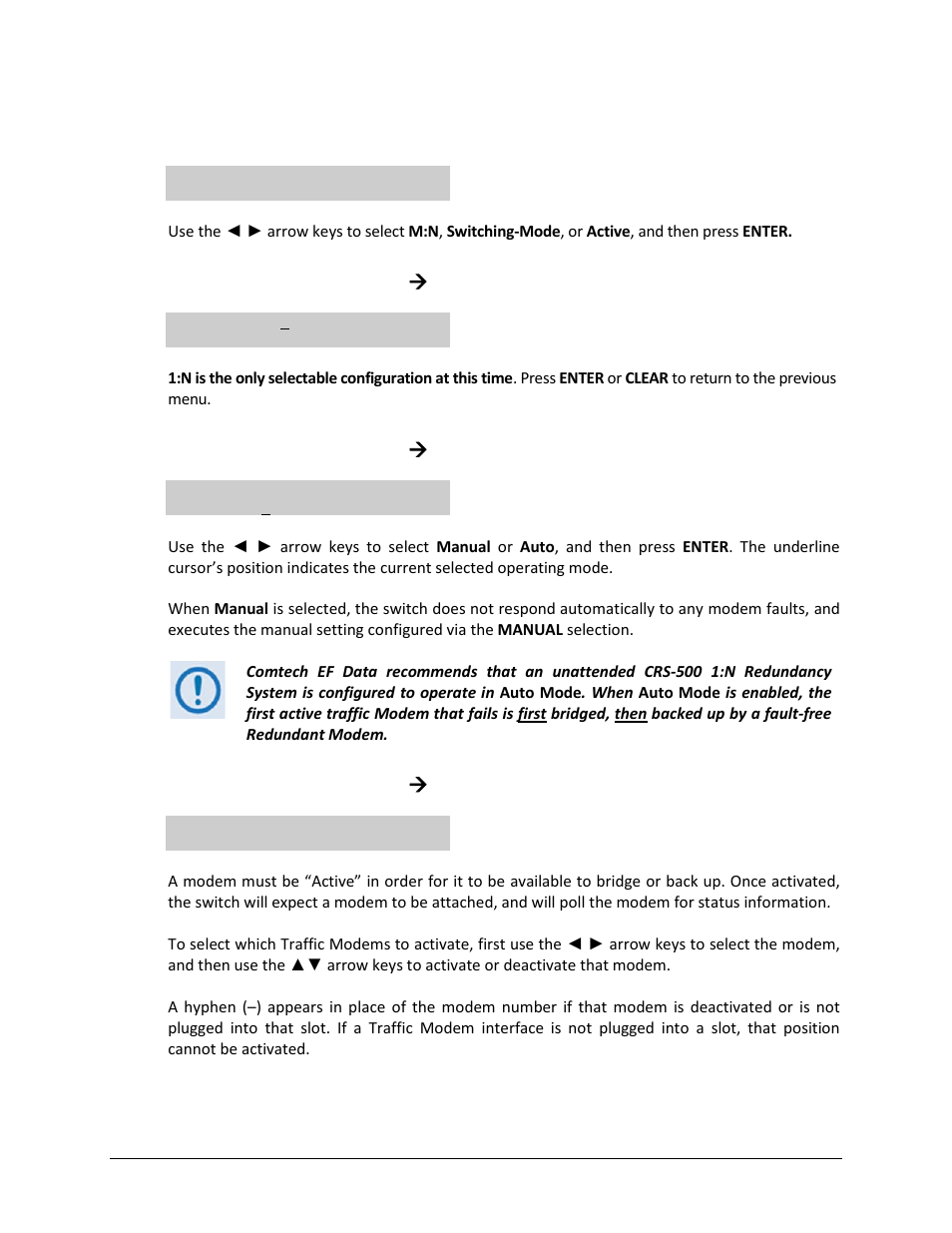 1 config: op-mode (operational mode), 1 config: op-mode ( m:n, 2 config: op-mode ( switching-mode | 3 config: op-mode ( active | Comtech EF Data CRS-500 User Manual | Page 125 / 218