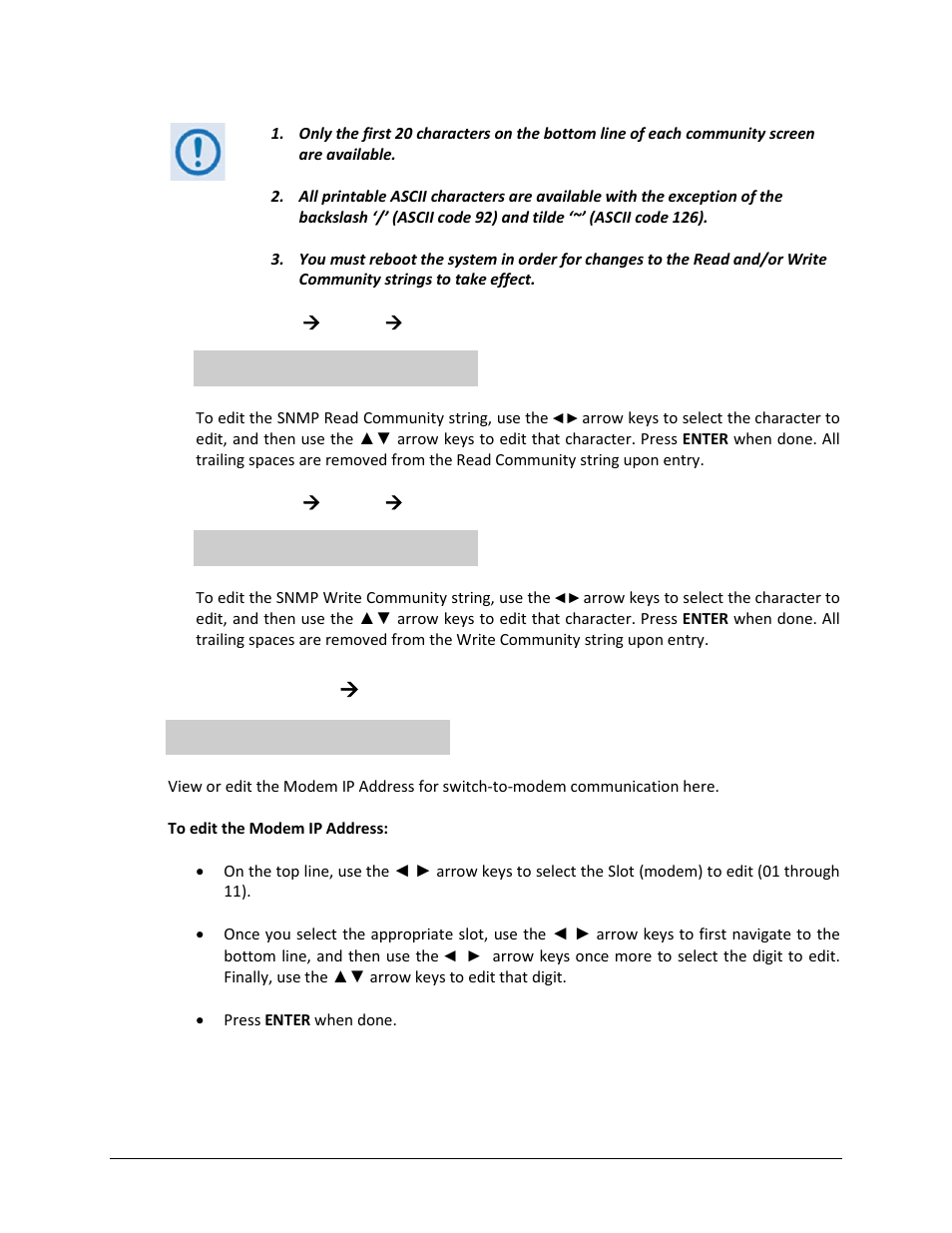 Config: ip ( snmp ( read, Config: ip ( snmp ( write, 2 config: ip ( mdm-ip (modem ip address) | Comtech EF Data CRS-500 User Manual | Page 127 / 218