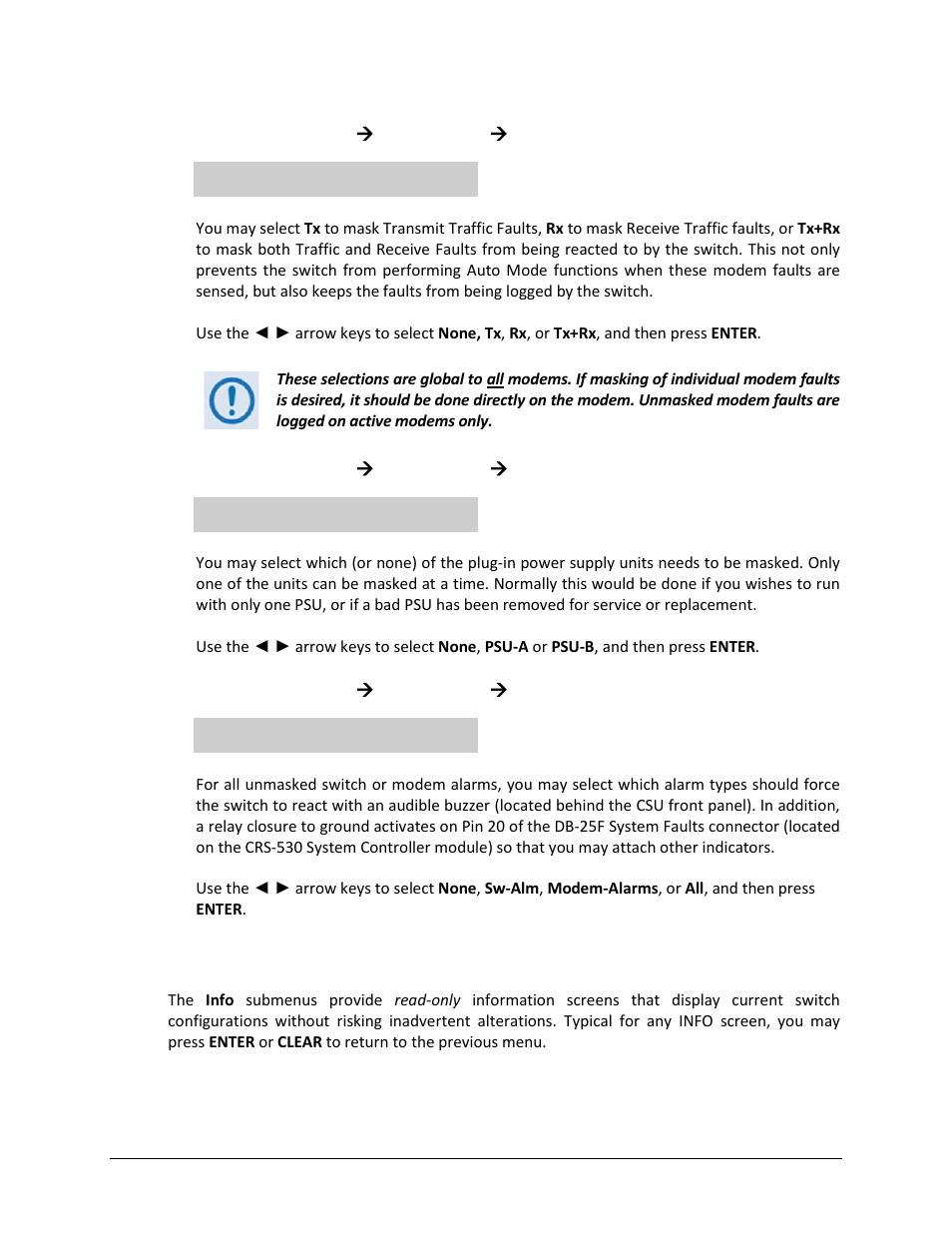 Config: options ( alarm-mask ( modem-alarms, Config: options ( alarm-mask (switch-alarms, Config: options ( alarm-mask ( audio | 2 select: info (information) | Comtech EF Data CRS-500 User Manual | Page 131 / 218