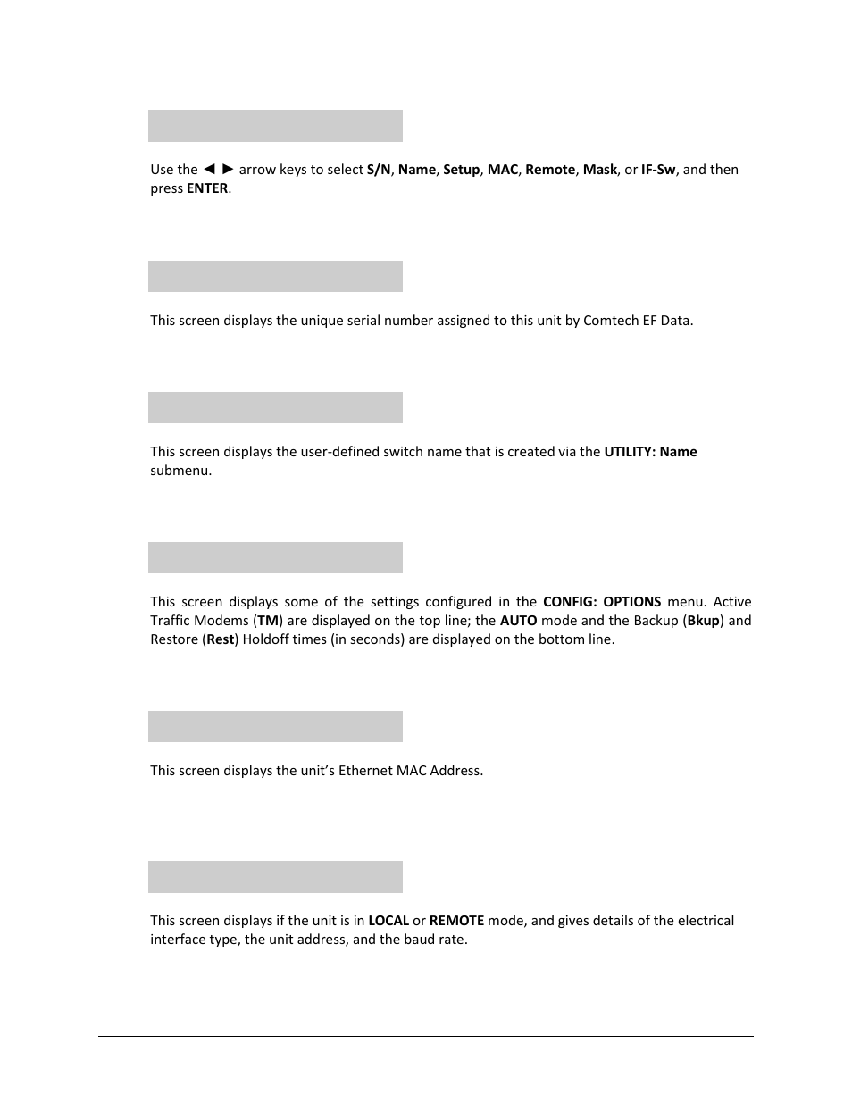 1 info: s/n, 2 info: name, 3 info: setup | 4 info: mac (ethernet mac address), 5 info: remote (remote control info), 6 info: mask (alarm mask info) | Comtech EF Data CRS-500 User Manual | Page 132 / 218