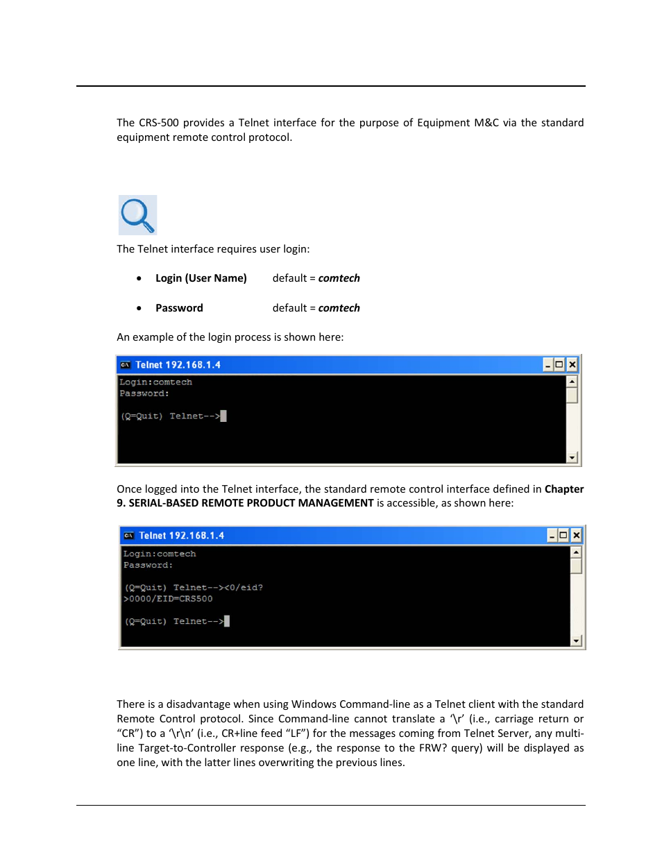 4 telnet interface | Comtech EF Data CRS-500 User Manual | Page 142 / 218