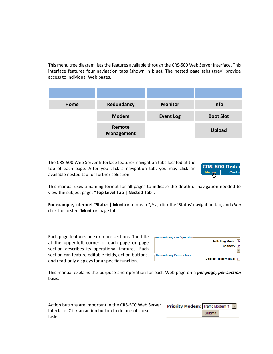 2 web server interface – operational features, 1 menu tree, 4 action buttons | Comtech EF Data CRS-500 User Manual | Page 145 / 218