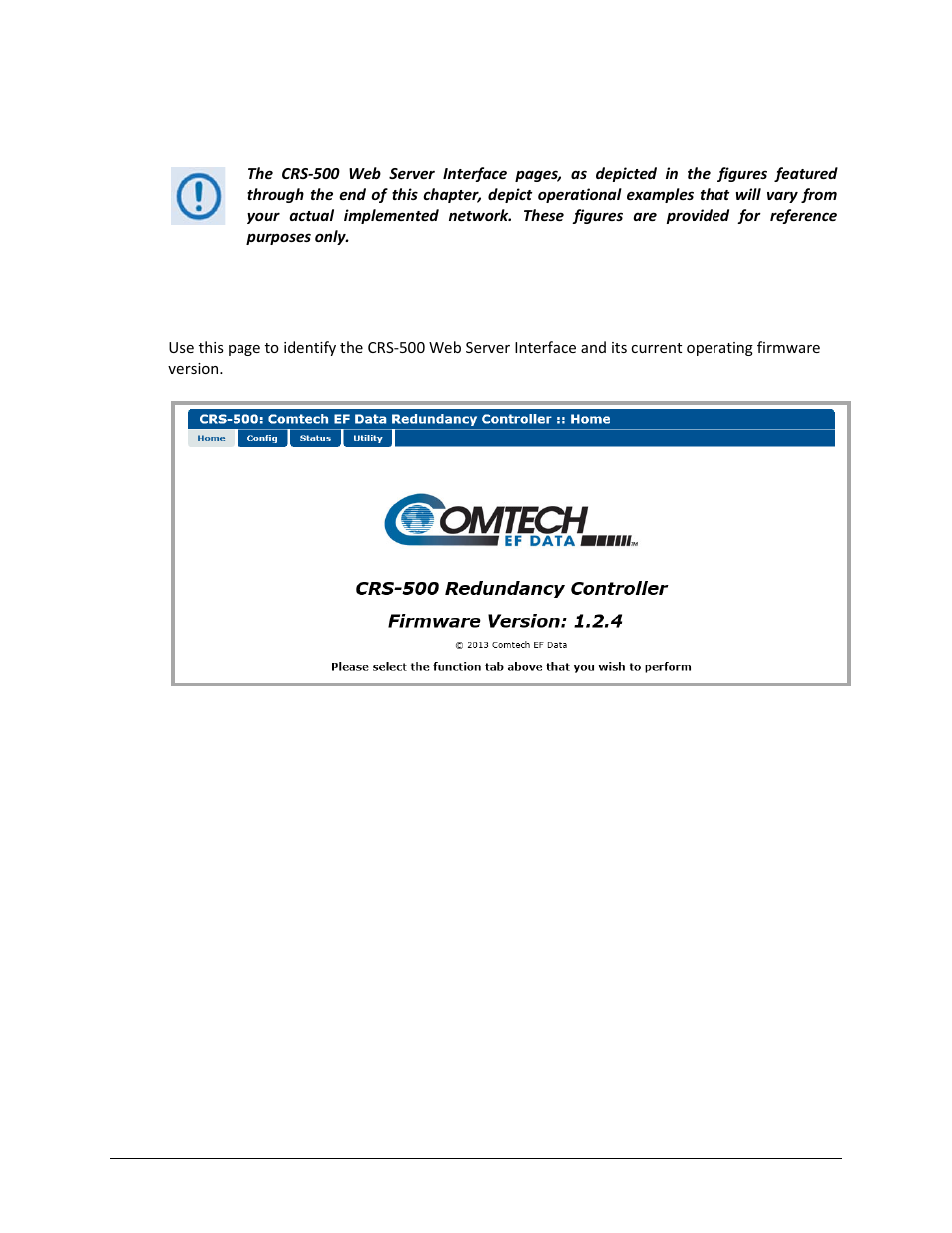 3 web server interface – web page descriptions, 1 home (splash) page | Comtech EF Data CRS-500 User Manual | Page 147 / 218
