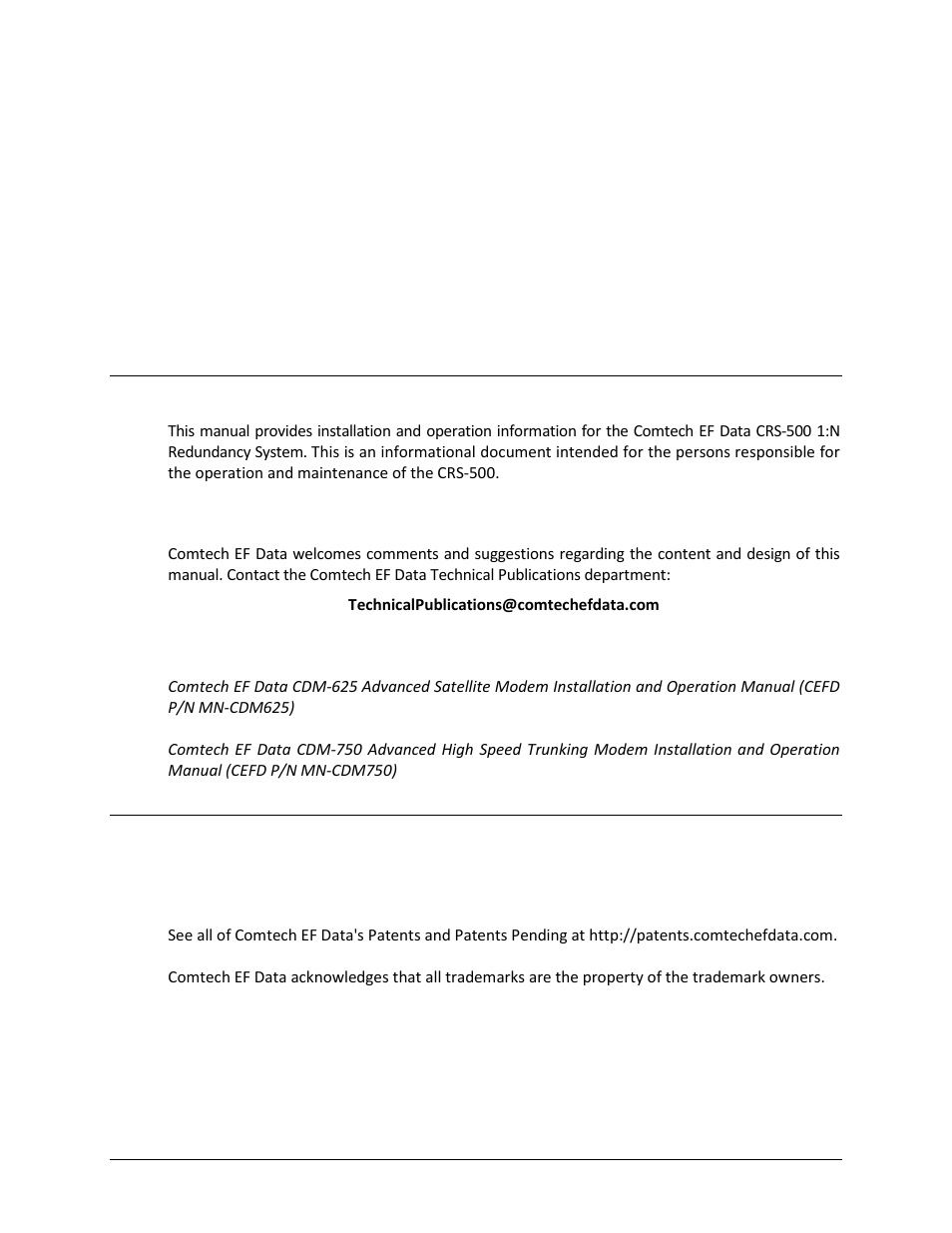 Preface, About this manual, Related documents | Conventions and references, Patents and trademarks | Comtech EF Data CRS-500 User Manual | Page 17 / 218