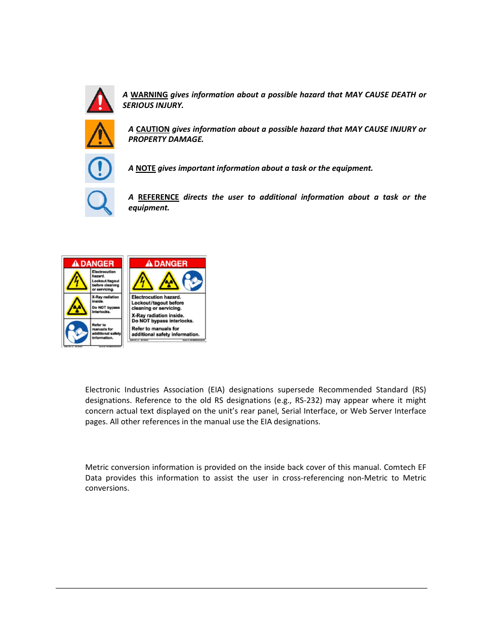 Warnings, cautions, and notes, Examples of multi-hazard notices, Recommended standard designations | Metric conversion | Comtech EF Data CRS-500 User Manual | Page 18 / 218