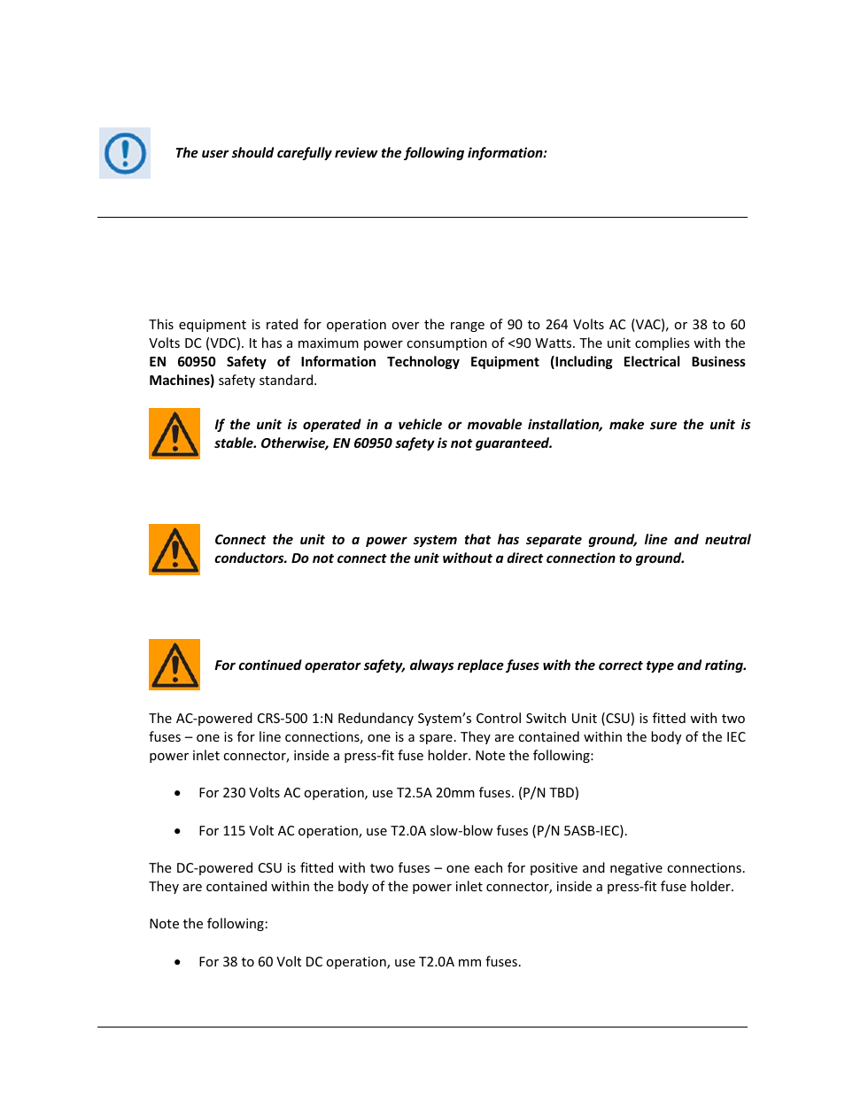 Safety and compliance, Electrical safety and compliance, Electrical installation | Fuses | Comtech EF Data CRS-500 User Manual | Page 19 / 218