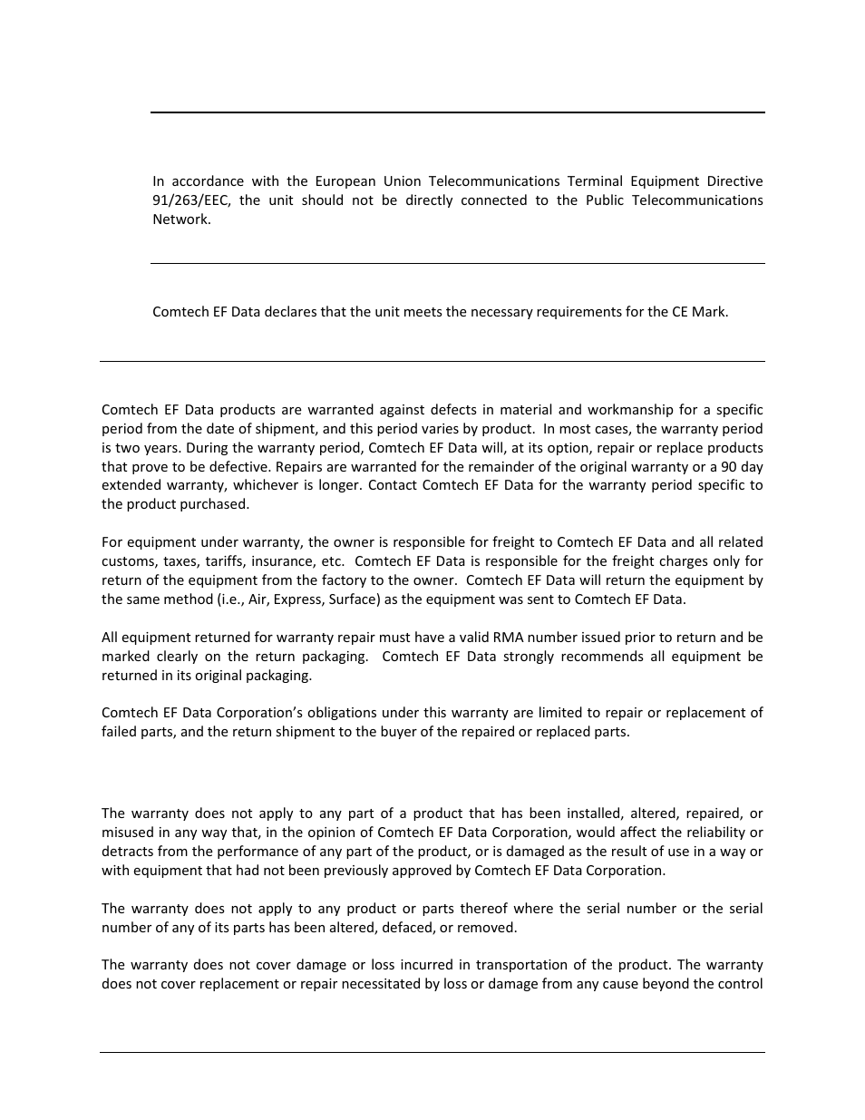 Ce mark, Warranty policy, Limitations of warranty | Comtech EF Data CRS-500 User Manual | Page 22 / 218