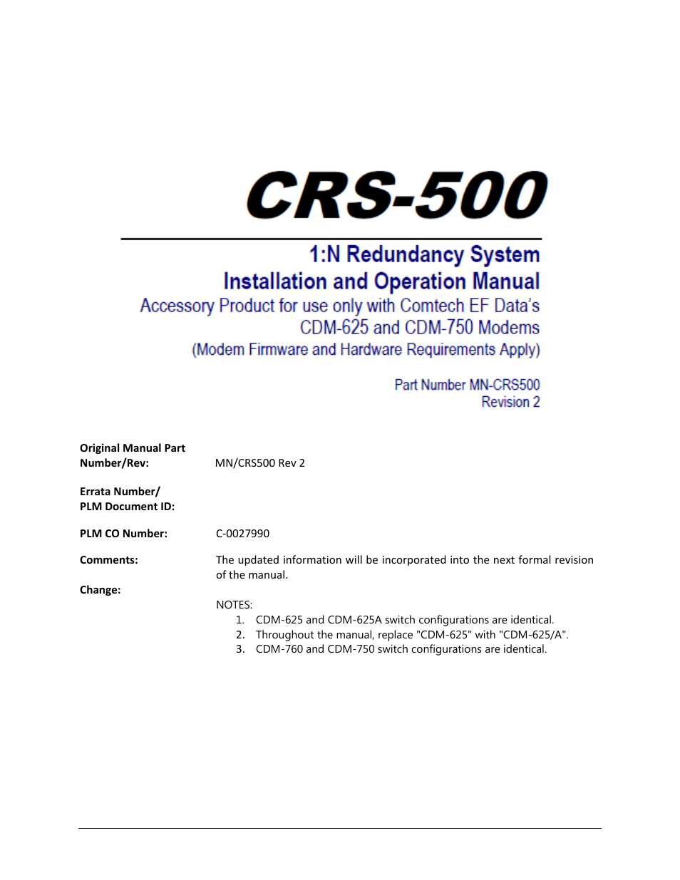 Errata a, Comtech ef data documentation update | Comtech EF Data CRS-500 User Manual | Page 3 / 218