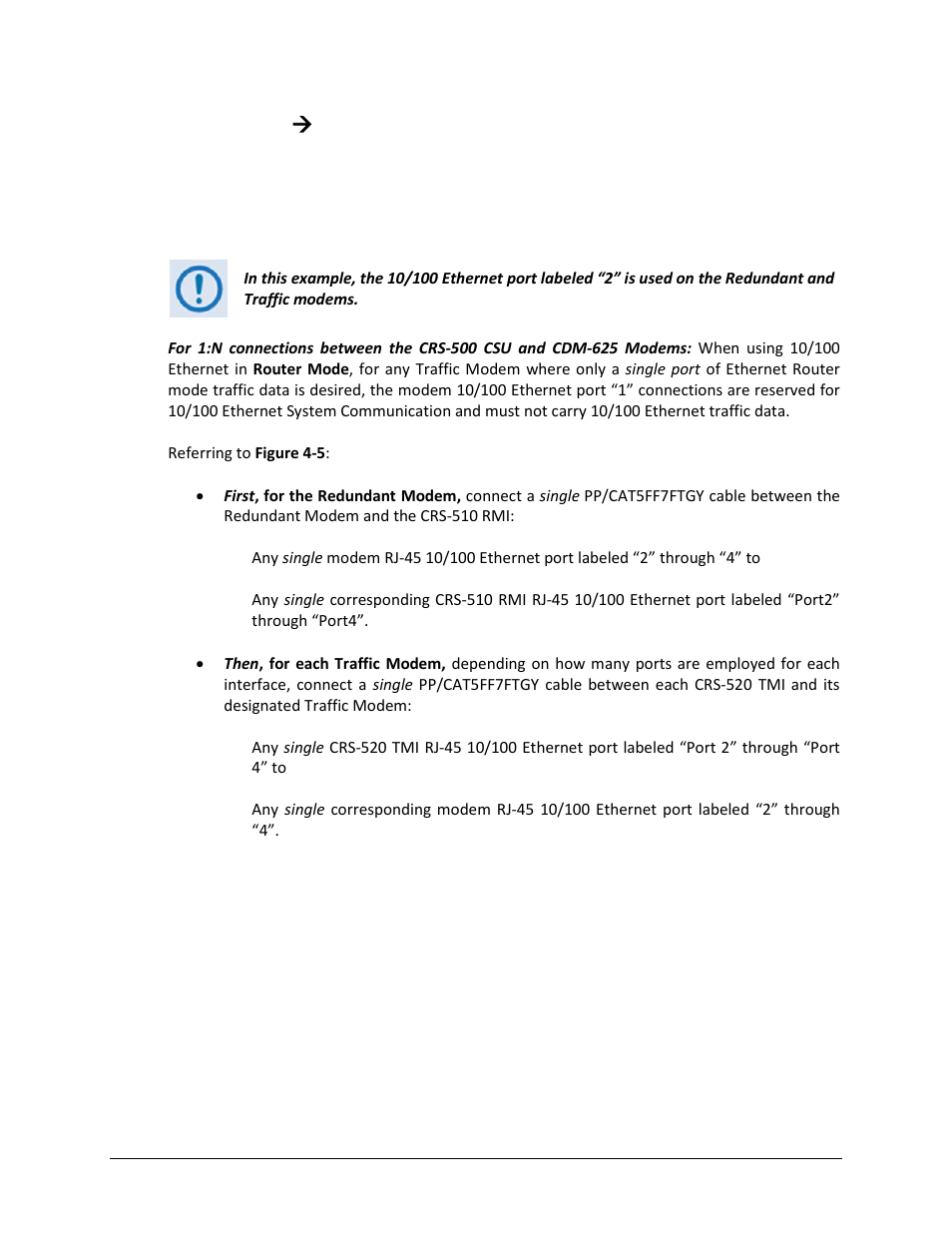 4 crs-500 ( cdm-625 traffic data cable connections, 1 10/100 ethernet traffic data cable connections, 1 10/100 ethernet using single port router mode | Comtech EF Data CRS-500 User Manual | Page 70 / 218