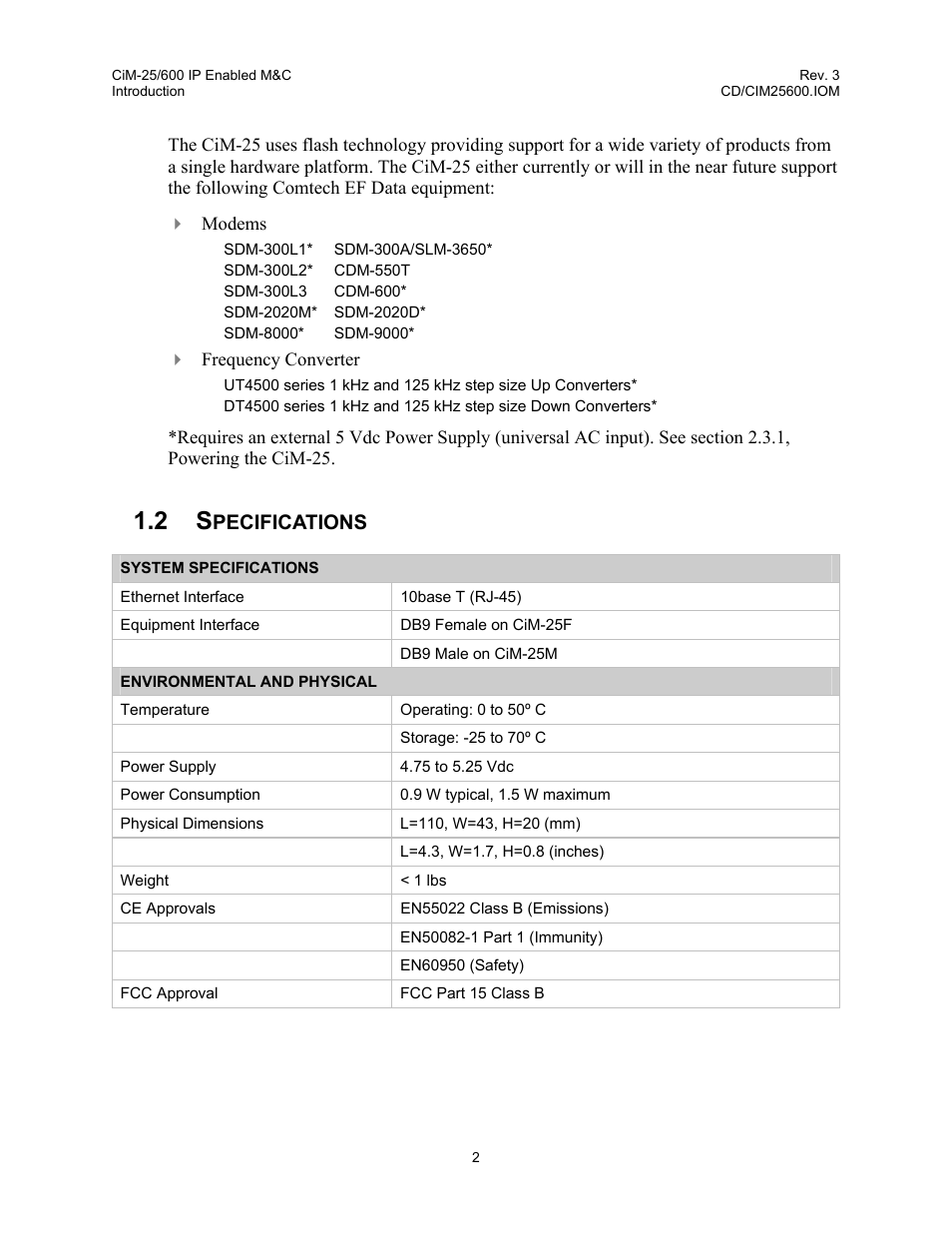 Pecifications | Comtech EF Data CiM-25/600 User Manual | Page 22 / 186