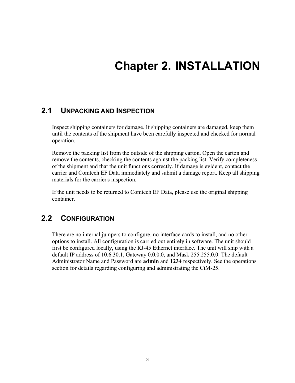 Installation, Chapter 2. installation | Comtech EF Data CiM-25/600 User Manual | Page 23 / 186