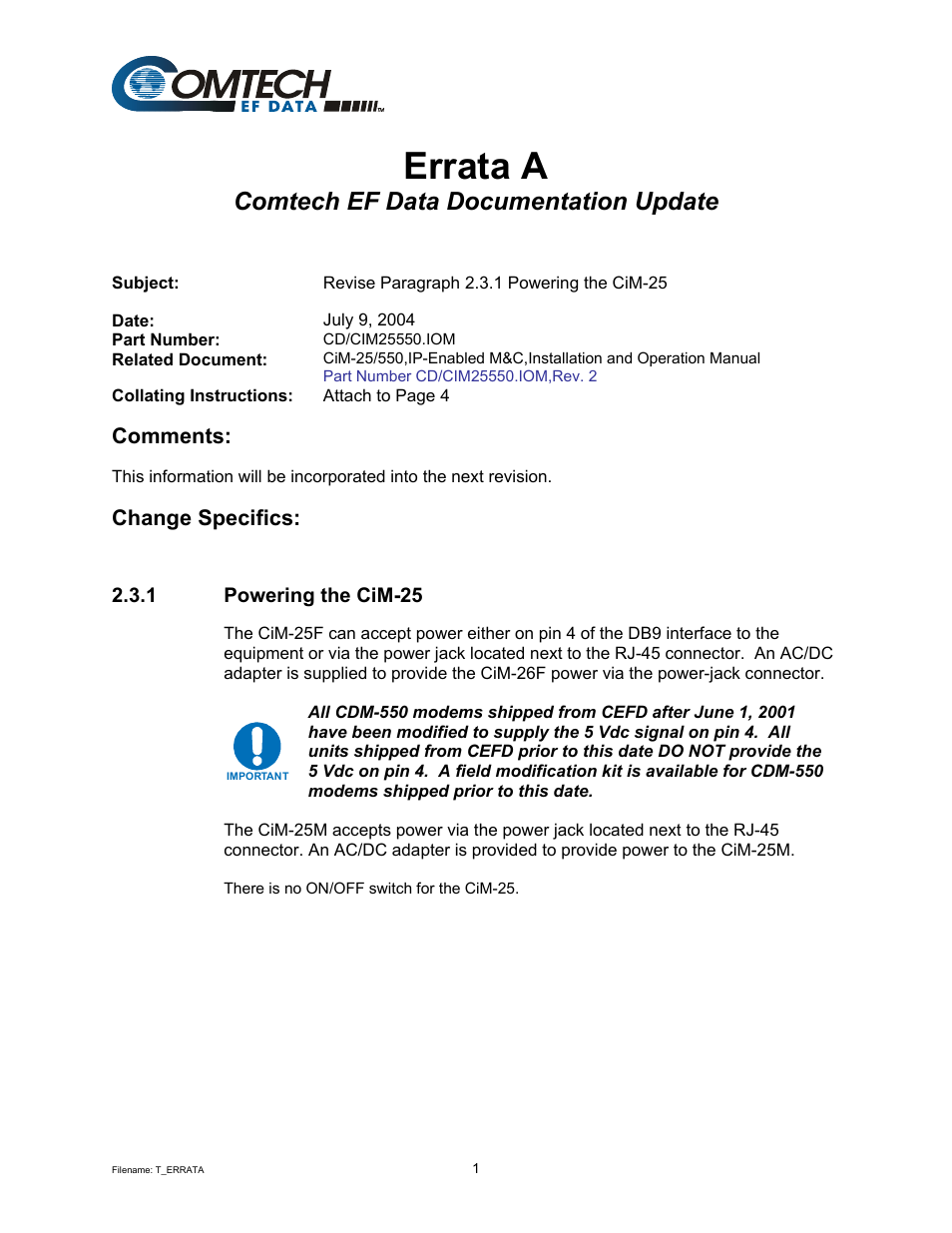 Errata a, Comtech ef data documentation update, Comments | Change specifics | Comtech EF Data CiM-25/600 User Manual | Page 3 / 186