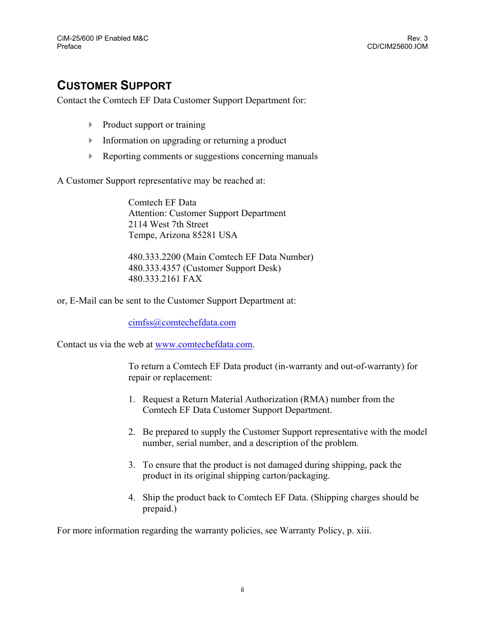 Customer support | Comtech EF Data CiM-25/600 User Manual | Page 8 / 186