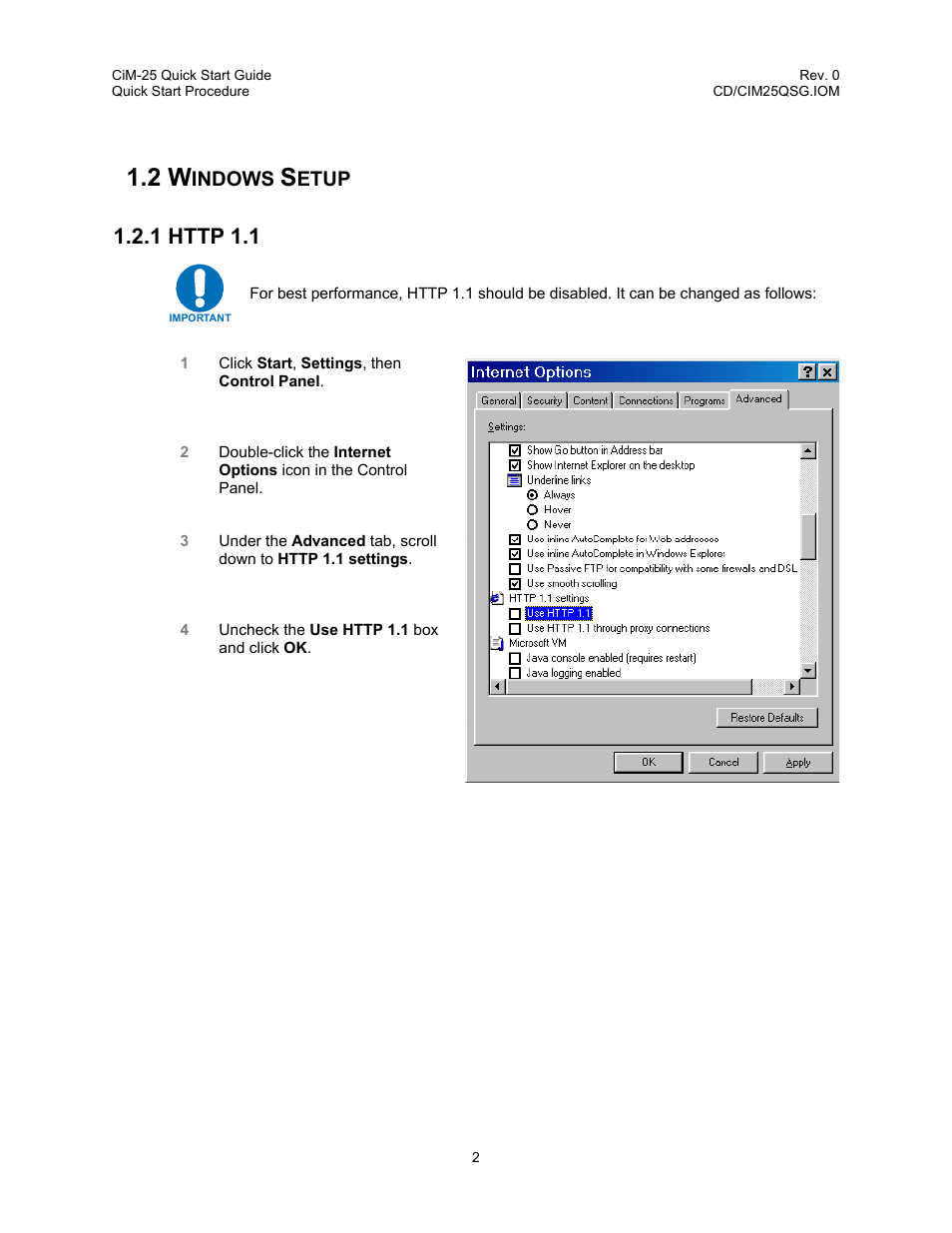 Windows setup, Http 1.1, 2 windows setup | 1 http 1.1 | Comtech EF Data CiM-25 User Manual | Page 12 / 26