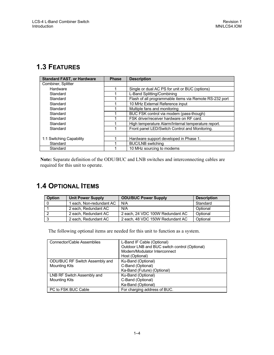 Features, Optional items, Eatures | Ptional, Tems | Comtech EF Data LCS-4 User Manual | Page 18 / 90