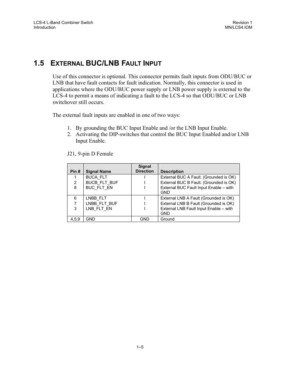 External buc/lnb fault input, Buc/lnb f, Xternal | Ault, Nput | Comtech EF Data LCS-4 User Manual | Page 19 / 90