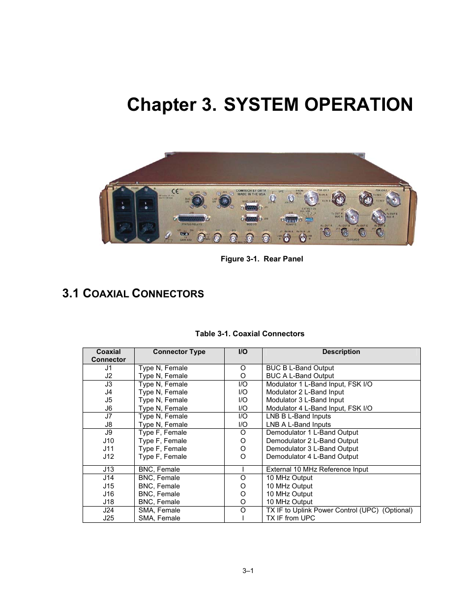 Chp3.pdf, System operation, Coaxial connectors | Chapter 3. system operation, Oaxial, Onnectors | Comtech EF Data LCS-4 User Manual | Page 25 / 90