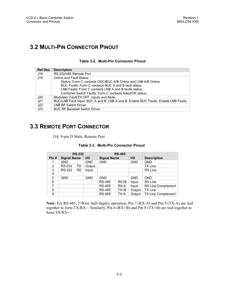 Multi-pin connector pinout, Remote port connector, Ulti | Onnector, Inout, Emote | Comtech EF Data LCS-4 User Manual | Page 26 / 90