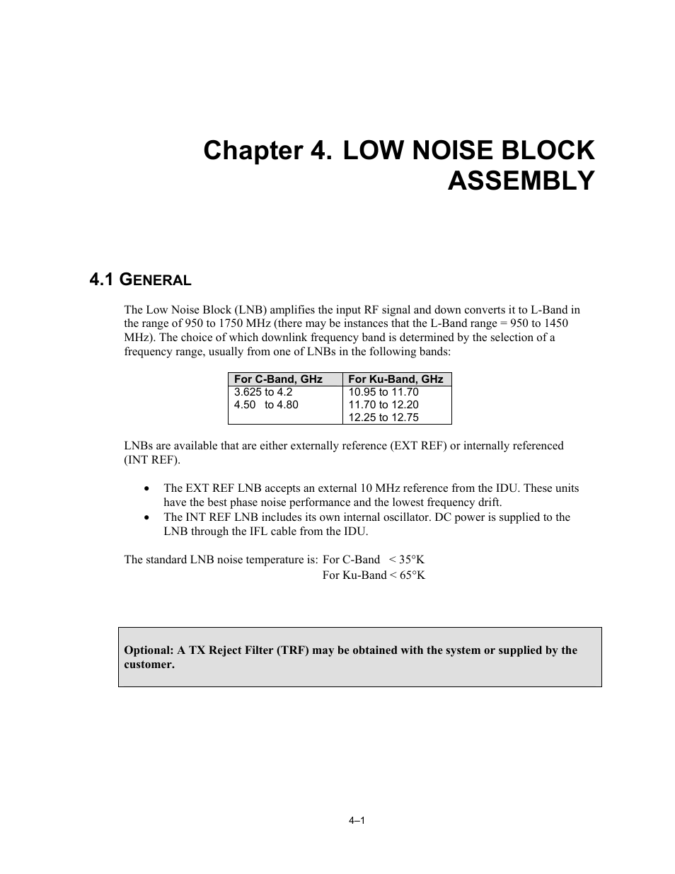 Chp4.pdf, Low noise block assembly, General | Chapter 4. low noise block assembly | Comtech EF Data LCS-4 User Manual | Page 29 / 90