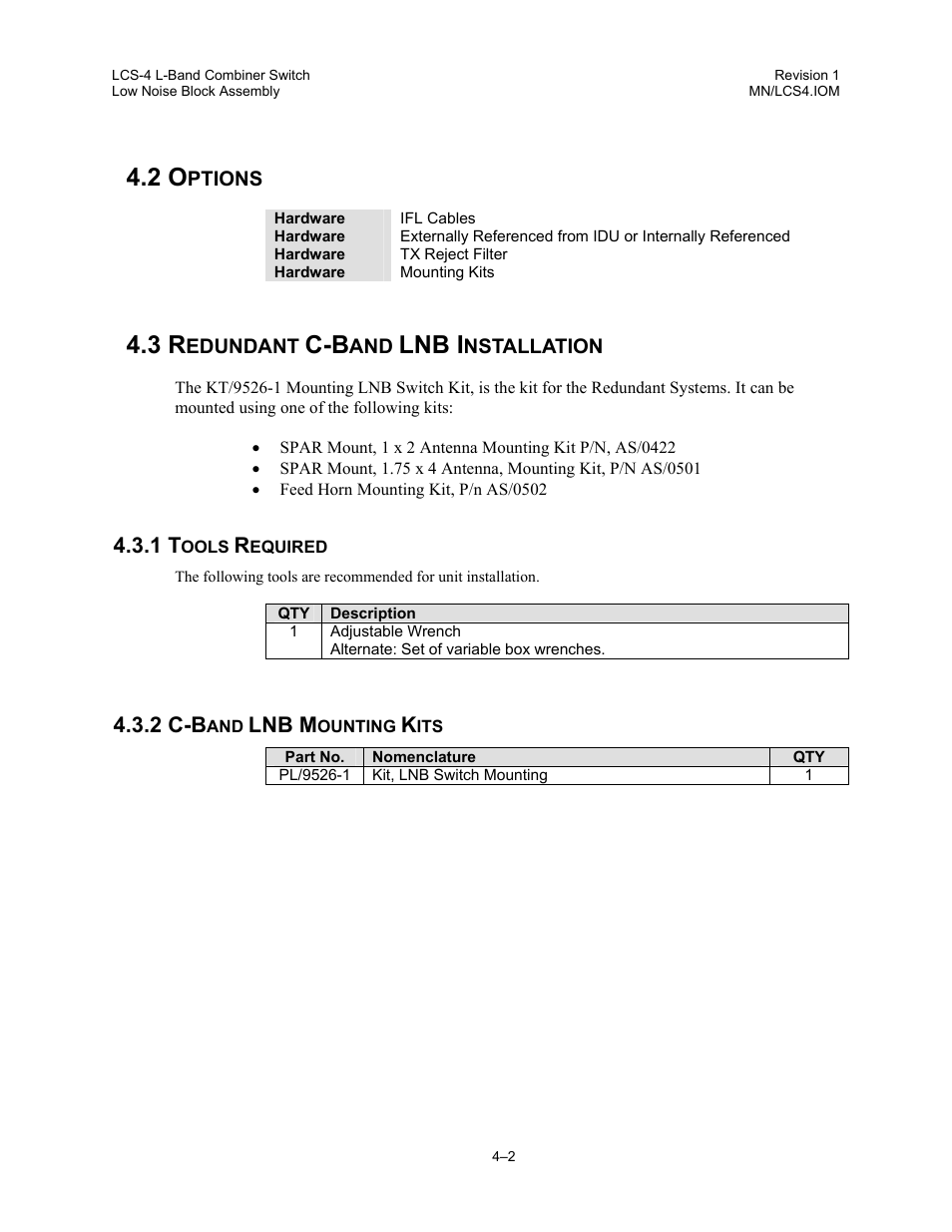 Options, Redundant c-band lnb installation, Tools required | C-band lnb mounting kits, Lnb i, 2 c-b, Lnb m | Comtech EF Data LCS-4 User Manual | Page 30 / 90