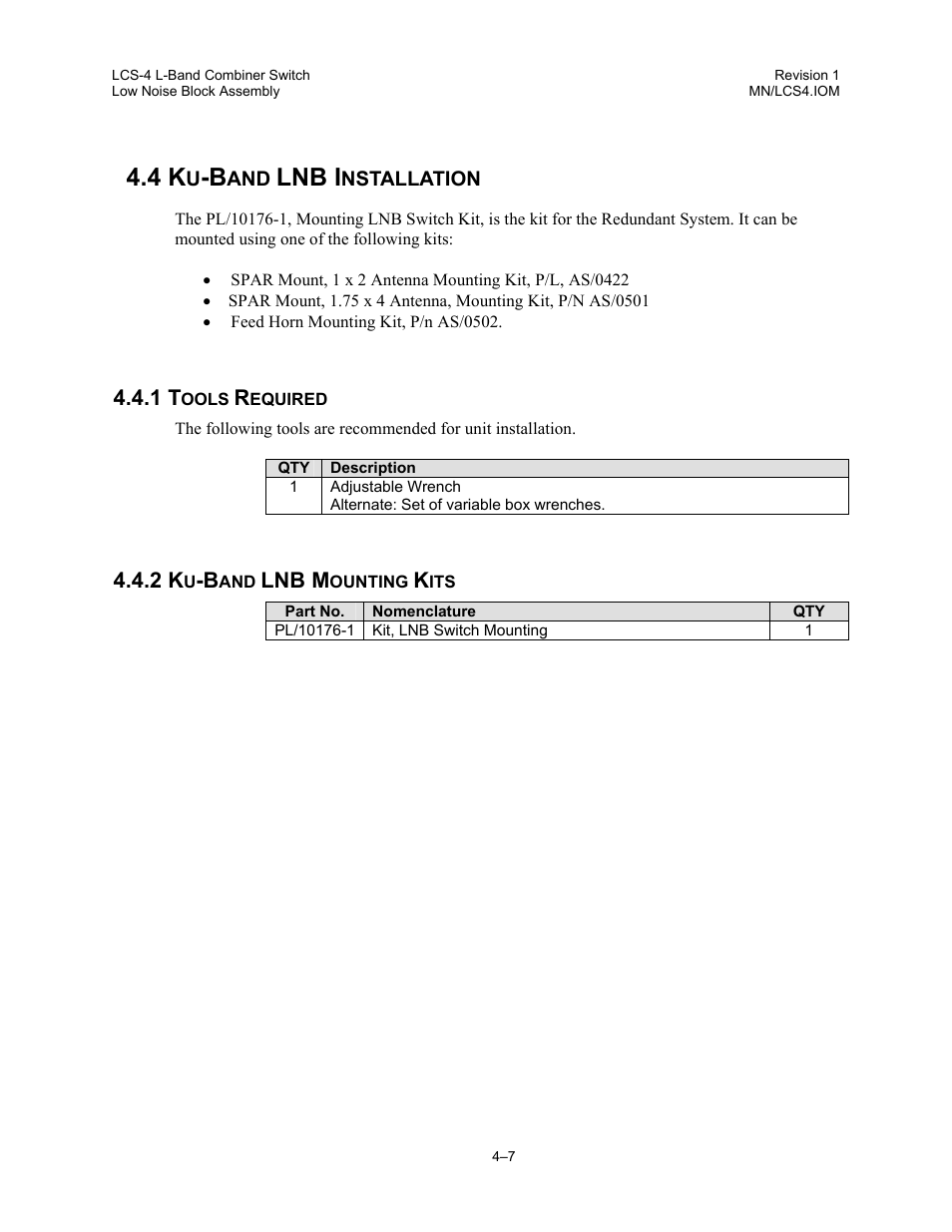 Ku-band lnb installation, Tools required, Ku-band lnb mounting kits | Lnb i | Comtech EF Data LCS-4 User Manual | Page 35 / 90