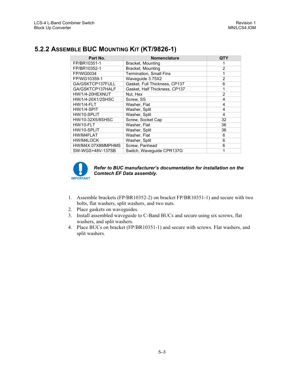 Assemble buc mounting kit (kt/9826-1), Buc m | Comtech EF Data LCS-4 User Manual | Page 43 / 90