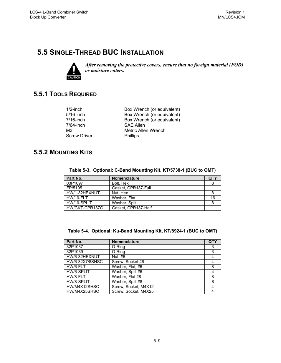 Single-thread buc installation, Tools required, Mounting kits | Buc i, Ingle, Hread, Nstallation | Comtech EF Data LCS-4 User Manual | Page 49 / 90