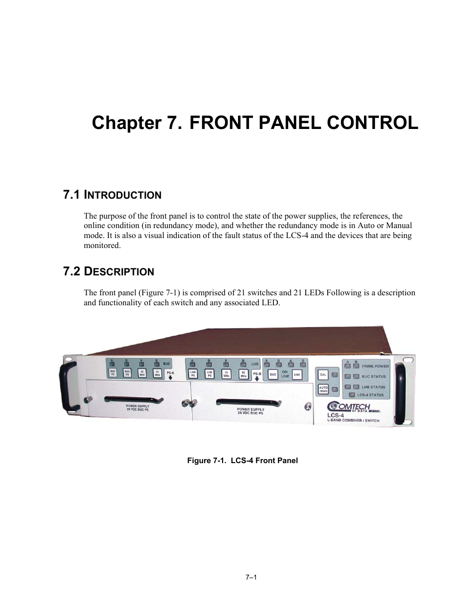 Chp7.pdf, Front panel control, Introduction | Description, Chapter 7. front panel control | Comtech EF Data LCS-4 User Manual | Page 57 / 90
