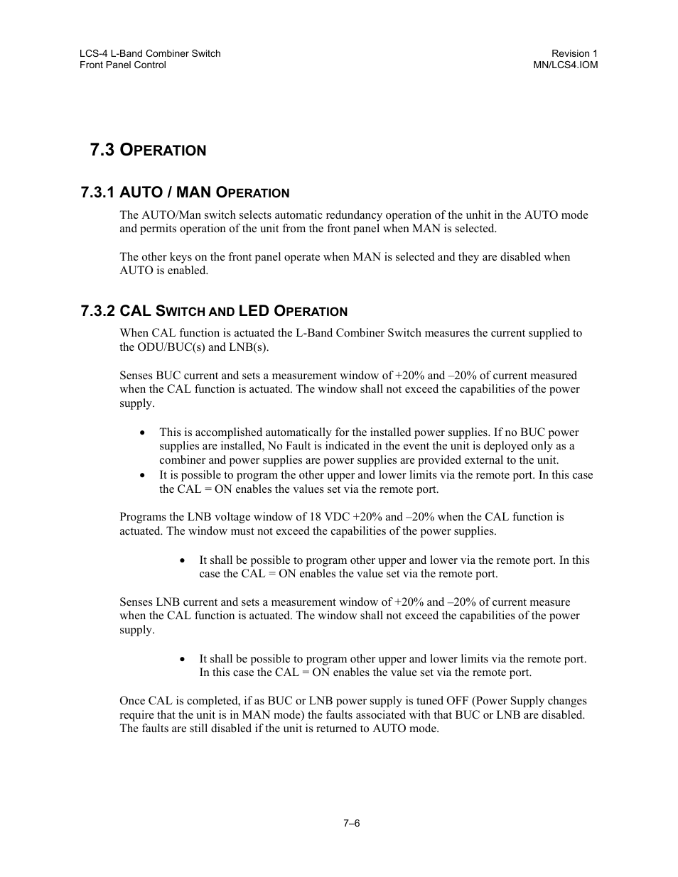 Operation, Auto / man operation, Cal switch and led operation | 1 auto / man o, 2 cal s, Led o | Comtech EF Data LCS-4 User Manual | Page 62 / 90