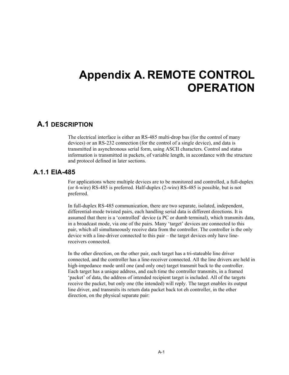 Append_a.pdf, Remote control operation, Description | Eia-485, Appendix a. remote control operation | Comtech EF Data LCS-4 User Manual | Page 65 / 90