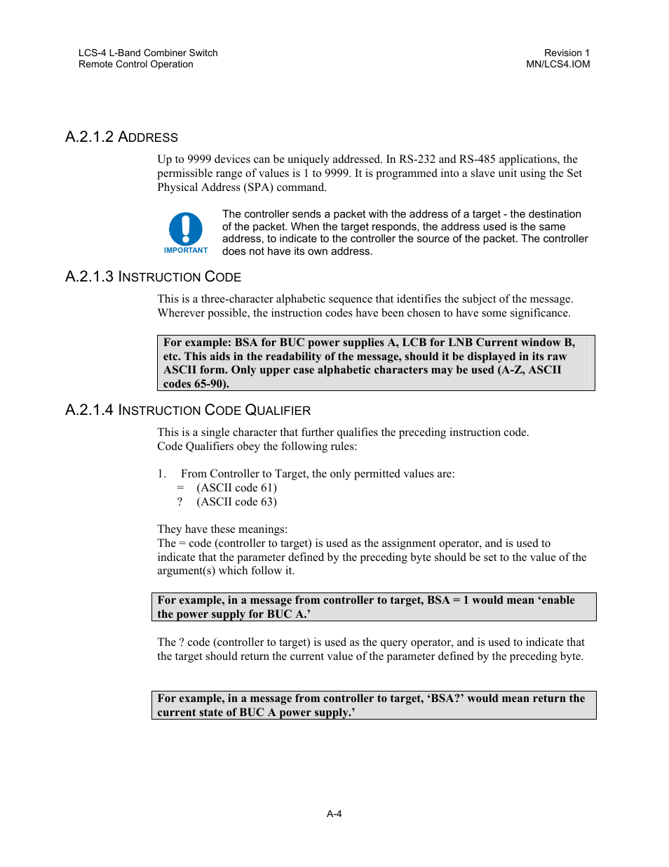 Address, Instruction code, Instruction code qualifier | A.2.1.2 a, A.2.1.3 i, A.2.1.4 i | Comtech EF Data LCS-4 User Manual | Page 68 / 90