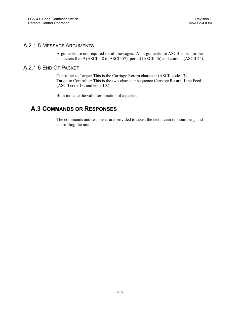 Message arguments, End of packet, Commands or responses | A.3 c | Comtech EF Data LCS-4 User Manual | Page 70 / 90