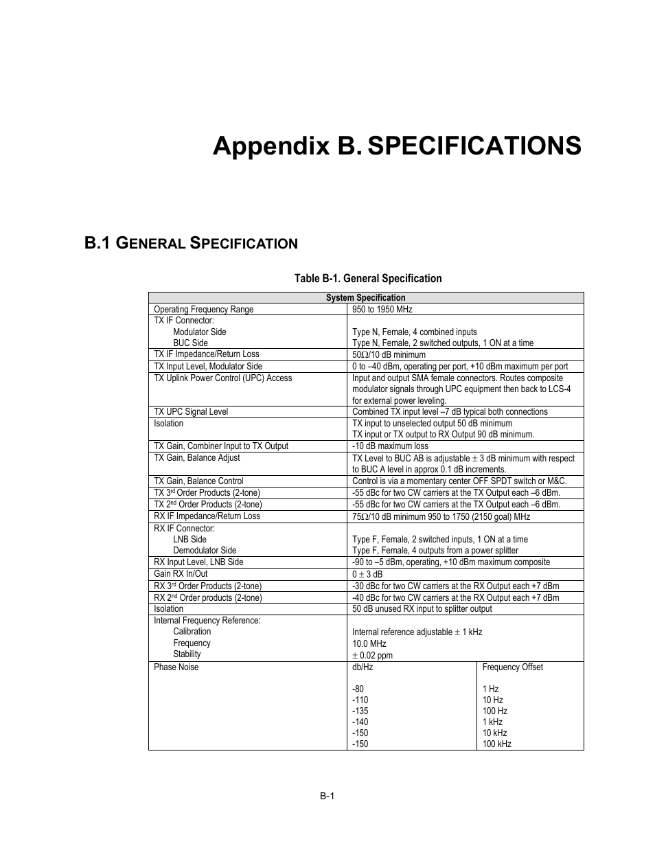 Append_b.pdf, Specifications, General specification | Appendix b. specifications, B.1 g, Eneral, Pecification | Comtech EF Data LCS-4 User Manual | Page 85 / 90