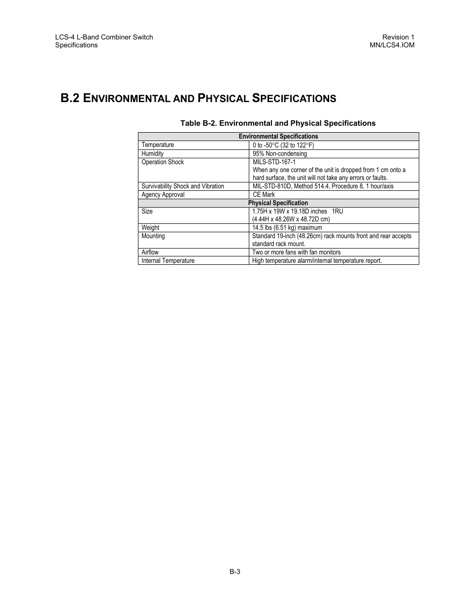 Environmental and physical specifications, B.2 e, Nvironmental and | Hysical, Pecifications | Comtech EF Data LCS-4 User Manual | Page 87 / 90