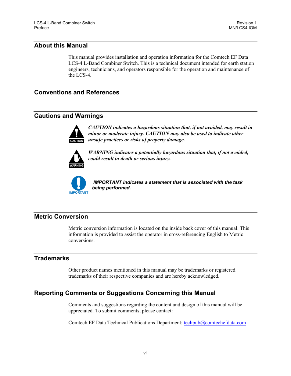 About this manual, Conventions and references cautions and warnings, Metric conversion | Trademarks | Comtech EF Data LCS-4 User Manual | Page 9 / 90