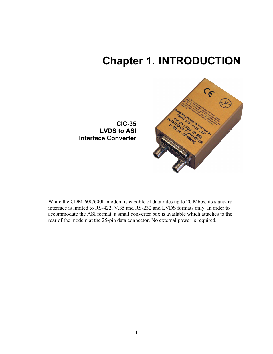 Introduction, Chapter 1. introduction | Comtech EF Data CIC-35 LVDS to ASI User Manual | Page 10 / 18