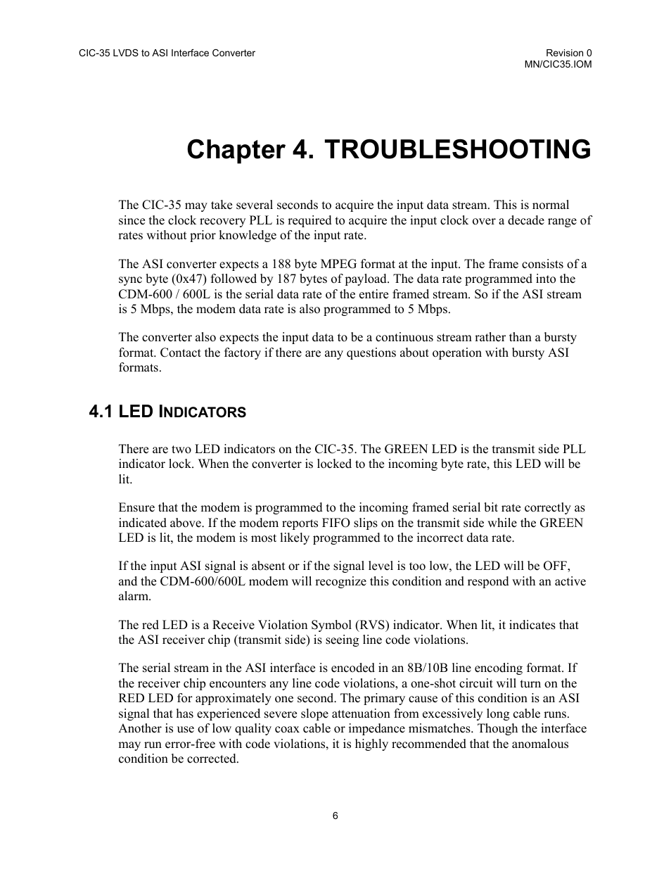 Troubleshooting, Led indicators, Chapter 4. troubleshooting | 1 led indicators, 1 led i | Comtech EF Data CIC-35 LVDS to ASI User Manual | Page 15 / 18