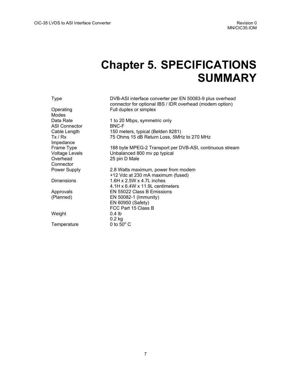 Specifications summary, Chapter 5. specifications summary | Comtech EF Data CIC-35 LVDS to ASI User Manual | Page 16 / 18