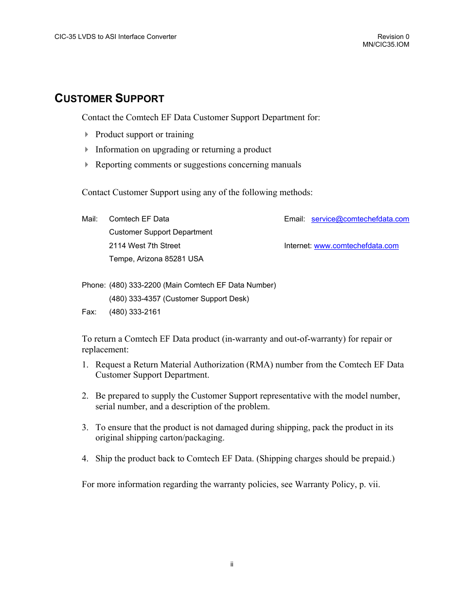 Customer service | Comtech EF Data CIC-35 LVDS to ASI User Manual | Page 4 / 18