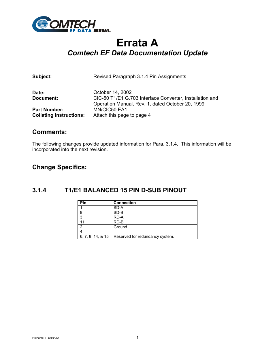 Errata a, Comtech ef data documentation update, Comments | Change specifics | Comtech EF Data CIC-50 User Manual | Page 3 / 20