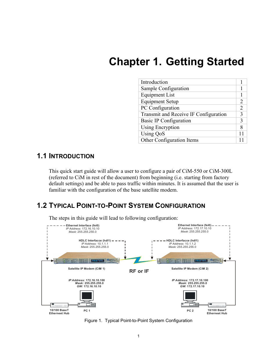 Getting started, Introduction, Typical point-to-point system configuration | Chapter 1. getting started, 1 introduction, 2 typpical point-to-point system configuration, Ntroduction, Ypical, Oint, Ystem | Comtech EF Data CiM Quick-Start Guide User Manual | Page 11 / 26