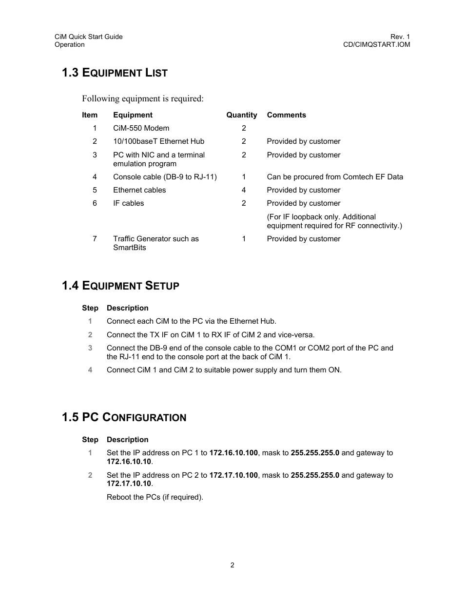 Equipment list, Equipment setup, Pc configuration | 3 equipment list, 4 equipment setup, 5 pc configuration, 5 pc c, Quipment, Etup, Onfiguration | Comtech EF Data CiM Quick-Start Guide User Manual | Page 12 / 26