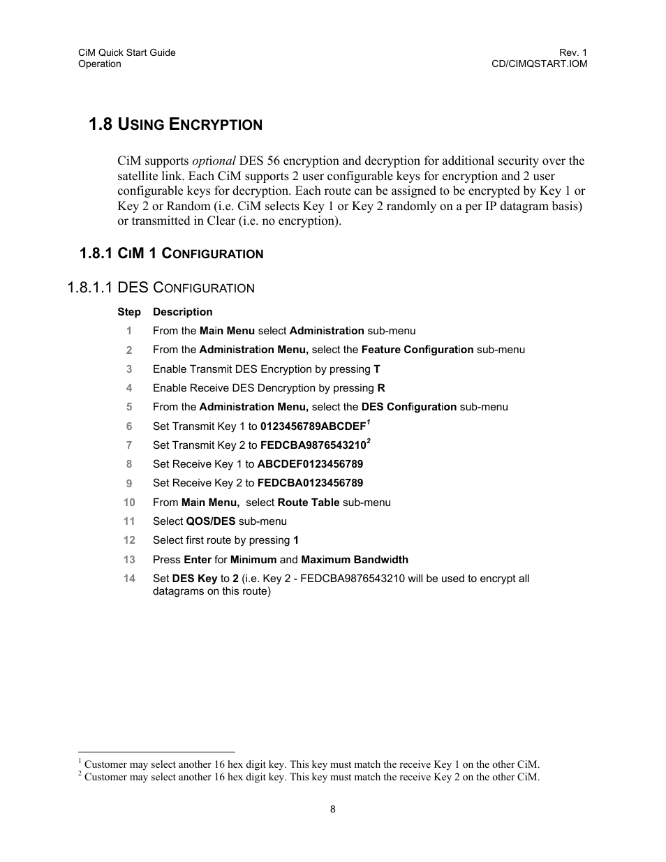 Using encryption, Cim 1 configuration, 8 using encryption | 1 cim 1 configuration, M 1 c, 1 des c, Sing, Ncryption | Comtech EF Data CiM Quick-Start Guide User Manual | Page 18 / 26