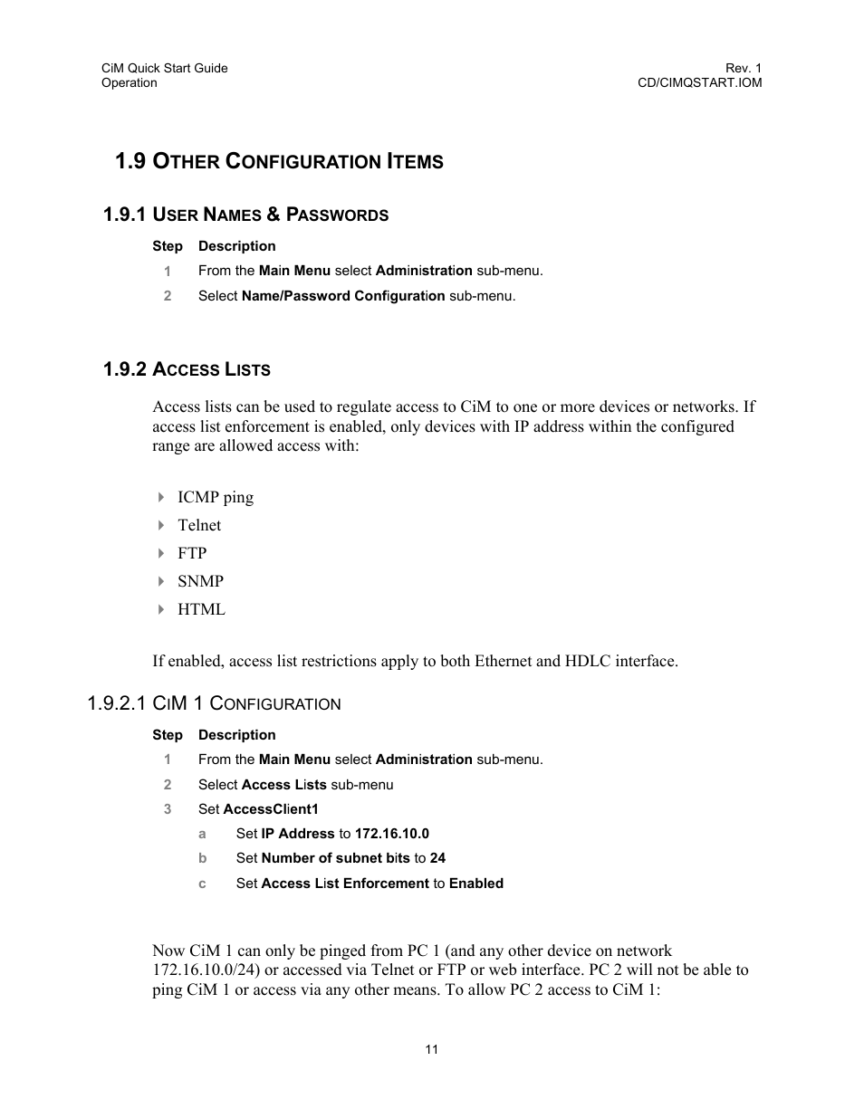 Other configuration items, User names & passwords, Access lists | 9 other configuration items, 1 user names & passwords 1.9.2 access lists | Comtech EF Data CiM Quick-Start Guide User Manual | Page 21 / 26